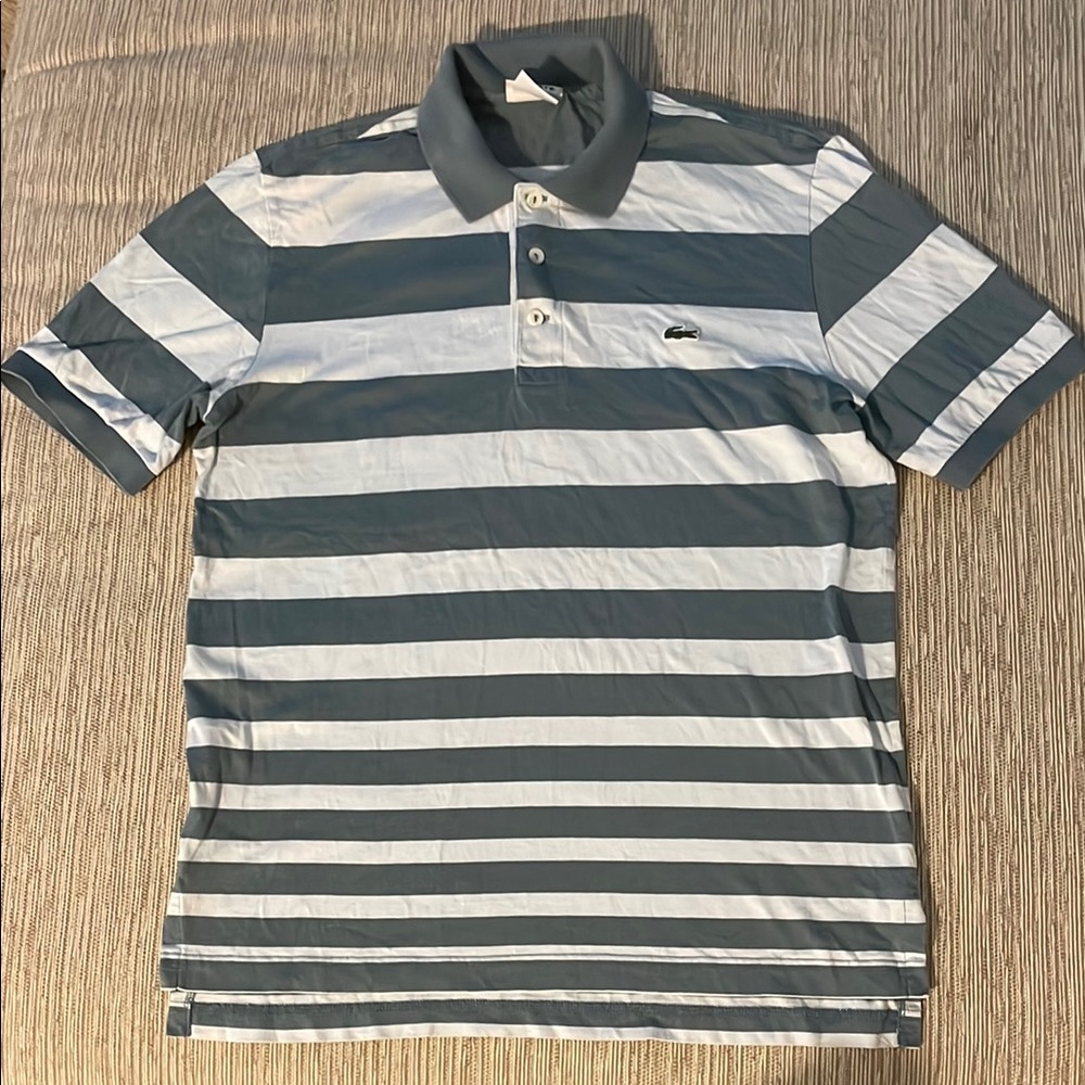 Lacoste Blue and White Polo Shirt with Classic Stripes